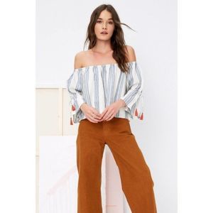 Tularosa Off-Shoulder Striped Blouse in White and Blue with Orange Tassels